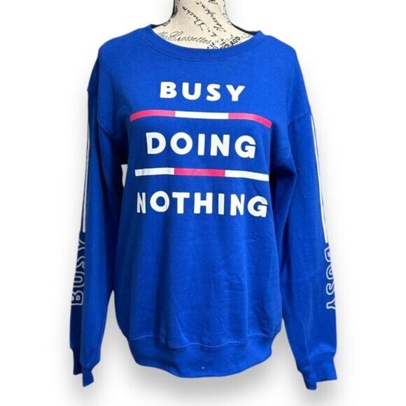 Wound Up S Blue Graphic Sweatshirt Busy Doing Nothing Cotton Blend Pullover Top - Picture 1 of 11